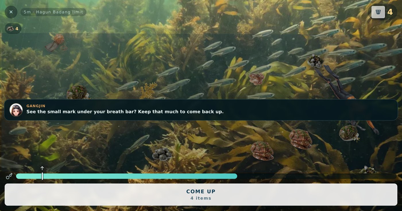 Underwater in the game: kelp, a school of fish, shellfish on the rocks, a diver coming down, and a breath bar at the bottom.